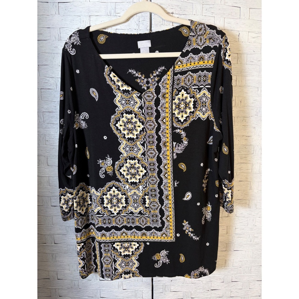 Chicos women's tunic Medallion Paisley Scarf Print 3/4 Sleeve permanent Tradmom